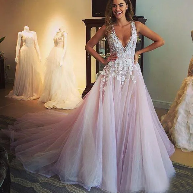 Light Pink Prom Dress Plunging Evening Gown with White Lace