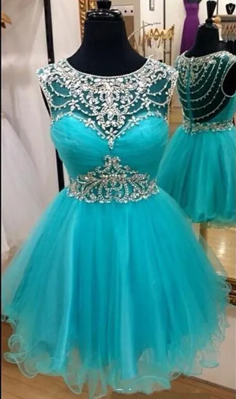 2016 Nieuwe Korte Sweet 16 Aque Homecoming Jurken Juweel Hals Crystal Beaded Tulle Turquoise Prom Jurken Feestjurk Formele Cocktailjurken