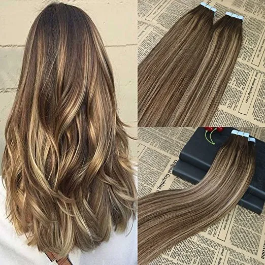 -Tape atacado no cabelo humano cor 16-26inch mix 4/27 40pcs / lot 100g / embalar trama da pele extensão do cabelo ELIBESS reta