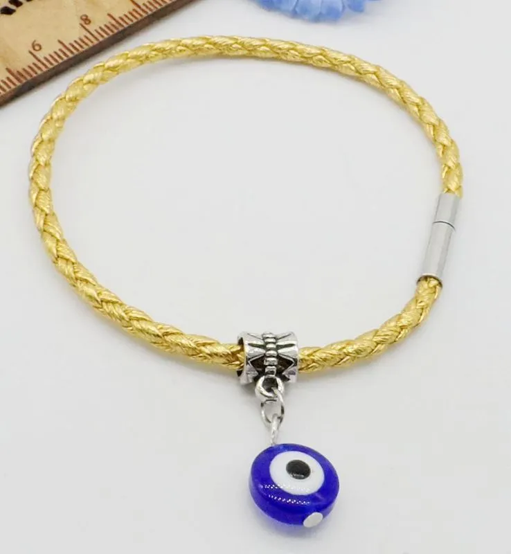 100 sztuk Moda Unisex Braid Evil Eye Cord Skórzane klamry magnetyczne Bransoletki na rękę 19 cm