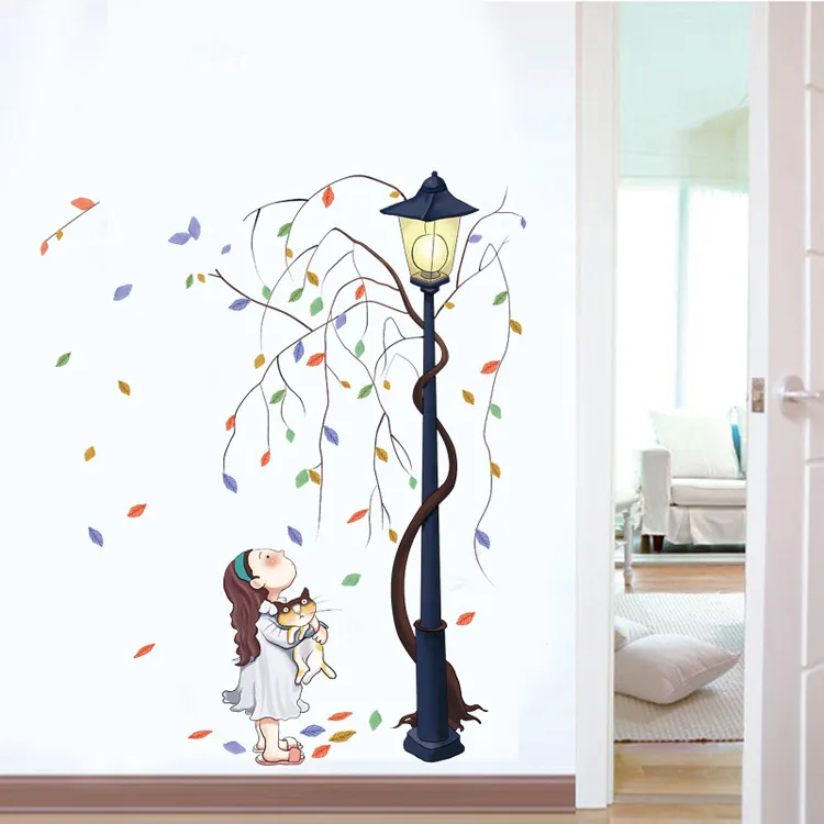 Personnage créatif Stickers muraux salon chambre passage dortoir entrée décor autocollants fille avec voiture sous les lumières sous l'arbre