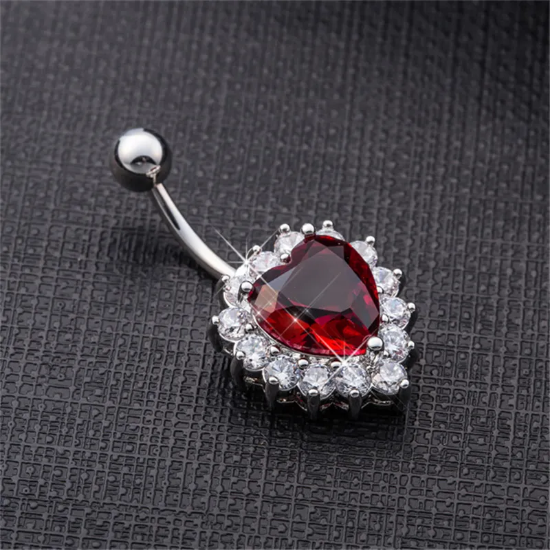 High End 18K White Gold Plated Shiny Big Red/White Cubic Zircon Heart Belly Ring Body Piercing Button Ring for Girls Womenn