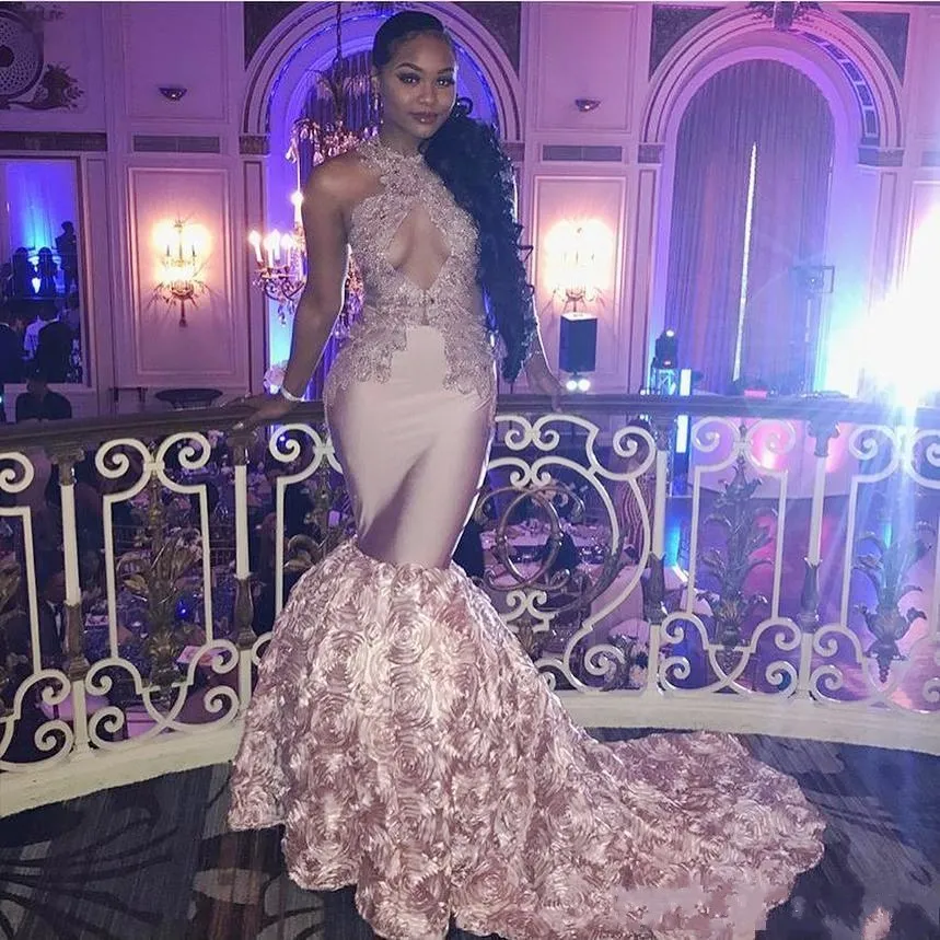 Dusty Pink African Sexy Fashion Nova Prom Dresses Long Open Bust Flowers  Long Train Appliques Lace Mermaid Evening Dress Black Girls Formal Party  Gowns From Click_me, $157.79