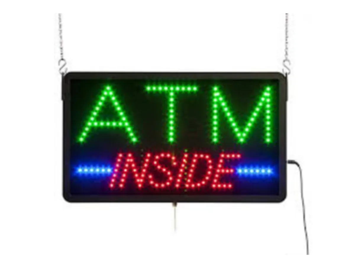 20 قطعة / وحدة ، سعر الجملة ، 19 × 10 × 0.5 بوصة متعددة الألوان LED ATM ، لافتة داخلية ، بلاستيك أسود ، متحرك اختياريًا ، تأتي مع مفتاح تشغيل / إيقاف تشغيل