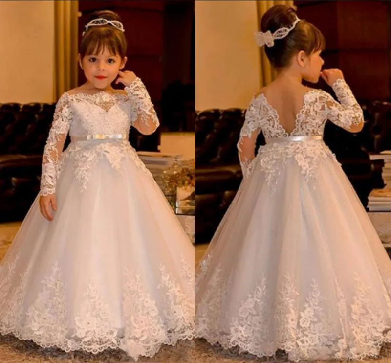 Bebê branco laço bebê vestidos de casamento 2017 manga longa v backless tulle bola vestido flor menina vestidos de chão comprimento meninas concurso vestidos