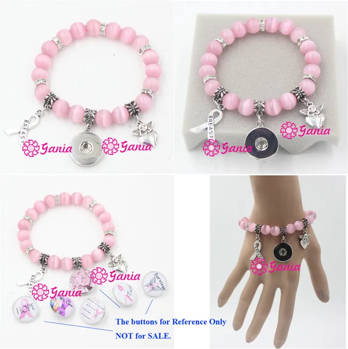 Newest Breast Cancer Awareness Jewelry Pink Bead Bracelet with Cancer Ribbon Angel 18mm Snap Bracelet for Breast Cancer