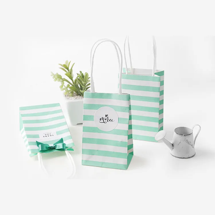 Small Gift Wrap Papieren Bag met Handles Boog Lint Streep Handtas Koekjes Candy Festival Geschenken WrappAckaging Tassen Sieraden Verjaardag Bruiloft Feestartikelen