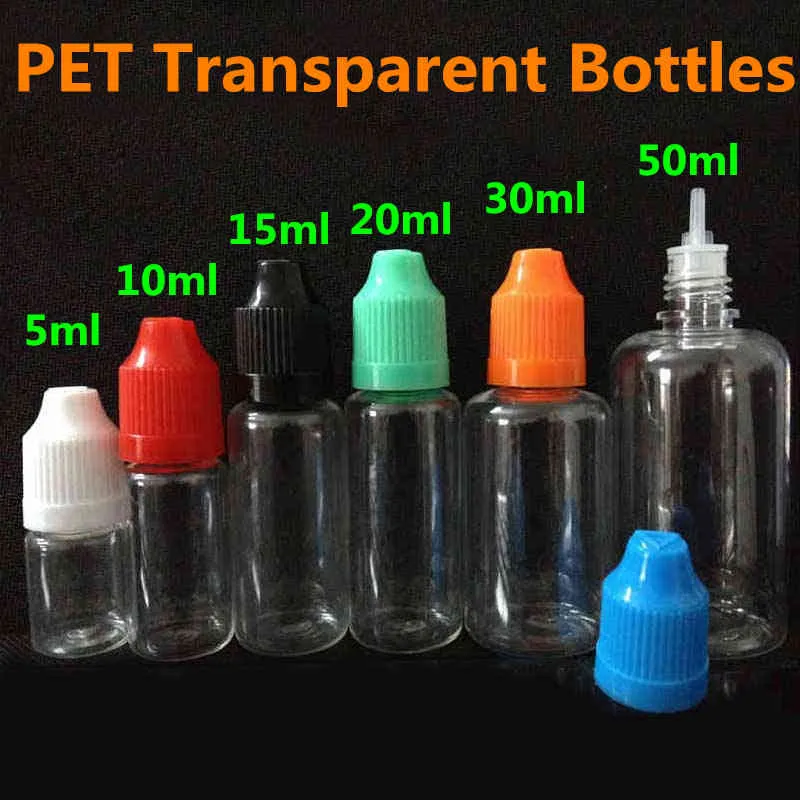 Pet şişeleri temiz 5ml 10ml 15ml 20ml 30ml 50ml 50ml Şeffaf Plastik Damlalı İğne Şişesi EY CIG Vape Yağları için Çocuk Geçirmez Kapakları Sıvı Eliquid Depolama Ambalaj