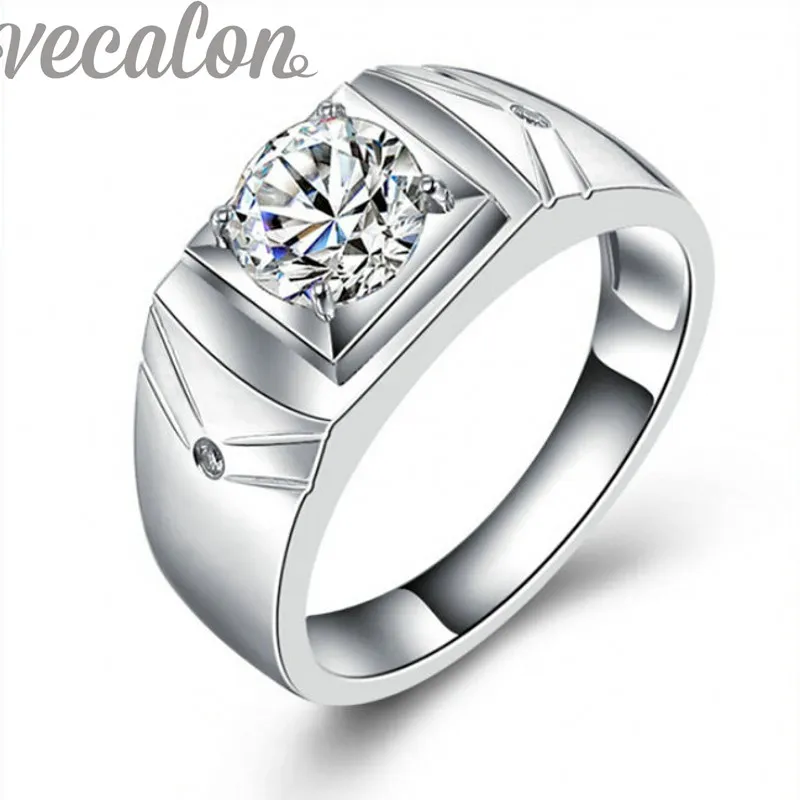 Vecalon Classic Wedding Band Ring för män 1ct CZ Diamond 925 Sterling Silver Male Engagement Finger Ring Mode Smycken