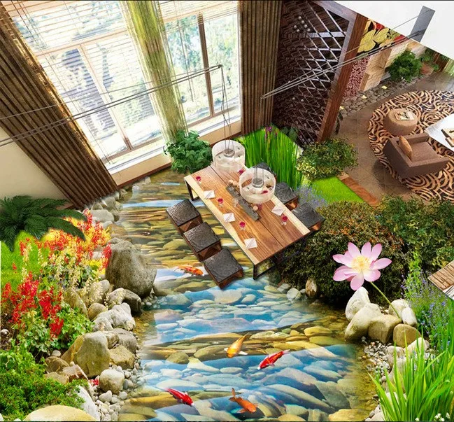 3D PVC Flooring Photo personalizzato Carta da parati Wallpaper Adesivo da parete HD Streams Goldfish Goldfish Decorazione del loto Pittura Immagine 3D Stanza di murales Sfondo murales