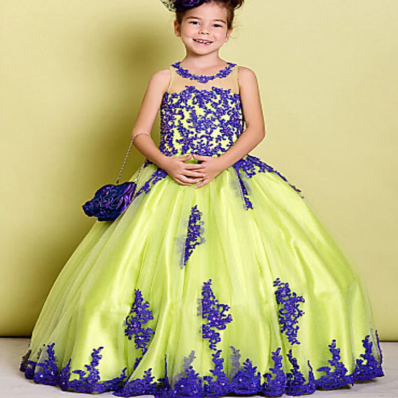 Neuankömmling Ballkleid für kleine Mädchen mit U-Ausschnitt, appliziert, glitzernd, bodenlang, Blumenmädchenkleider für Kinder, Abendkleid