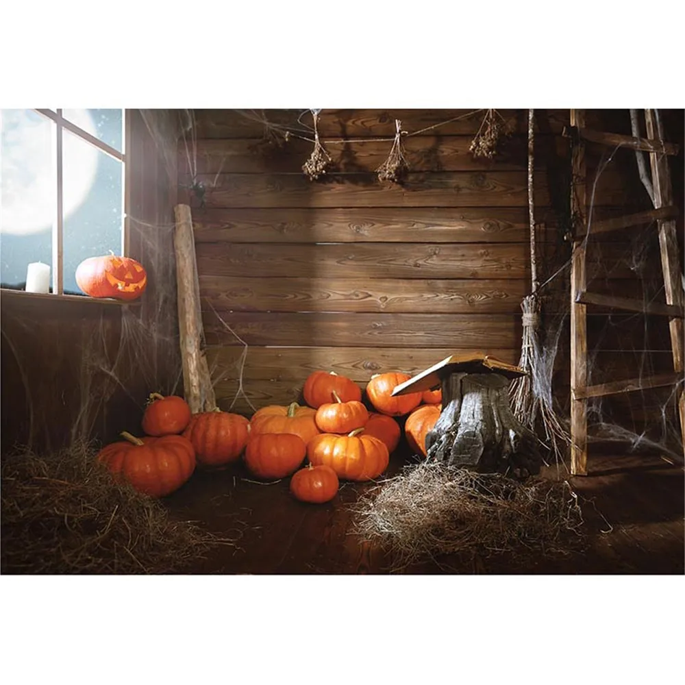 Moonlight through Window Pumpkin Lantern Halloween Kids Backdrops Interior Storage Room Children Photo Studio Background Wooden Wall Floor