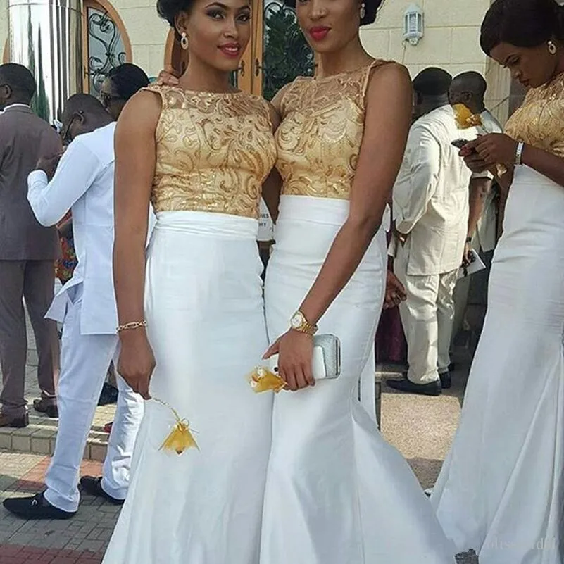 2019 New Gold Lace Applique Top Robe De Soirée Sirène Blanche Ankara Robes De Mariée Étage Longueur Invité Tenues Robes De Demoiselle D'honneur Africaines 255