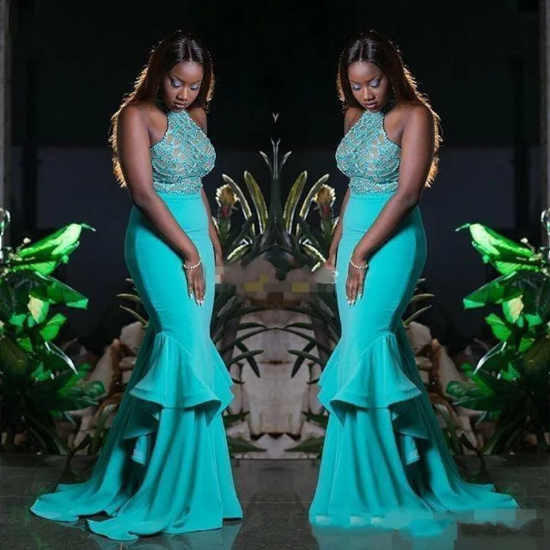 Turquoise Green Beading Halter Prom Dresses Sexy Backless Mermaid