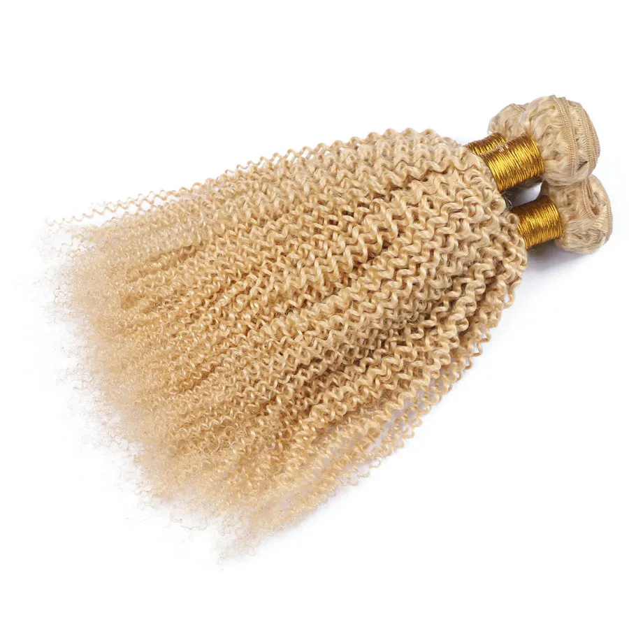 Mode Blonde Verworrene Lockige Haarverlängerungen Günstige # 613 Blonde Weben Schuss Unverarbeitete indische menschliche Haarwebart Bundles Afro Verworrene Lockige