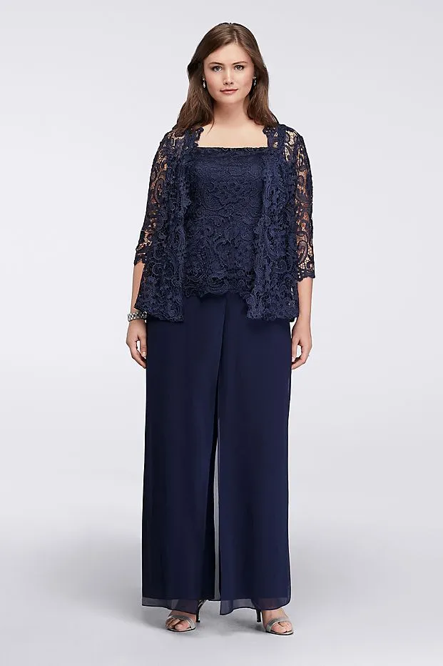 Hot Sale Lace Mother Of The Bride Pant Suits With Jackets Wedding Guest Dress Plus Size Dark Navy Mothers Groom Dresses