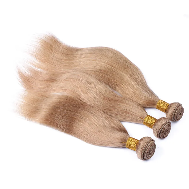 # 27 Honey Blonde Malaisienne Cheveux Humains 3Bundles Avec Fermeture Fraise Blonde Cheveux Tissage Avec Fermeture 4x4 Dentelle Droite Soyeux