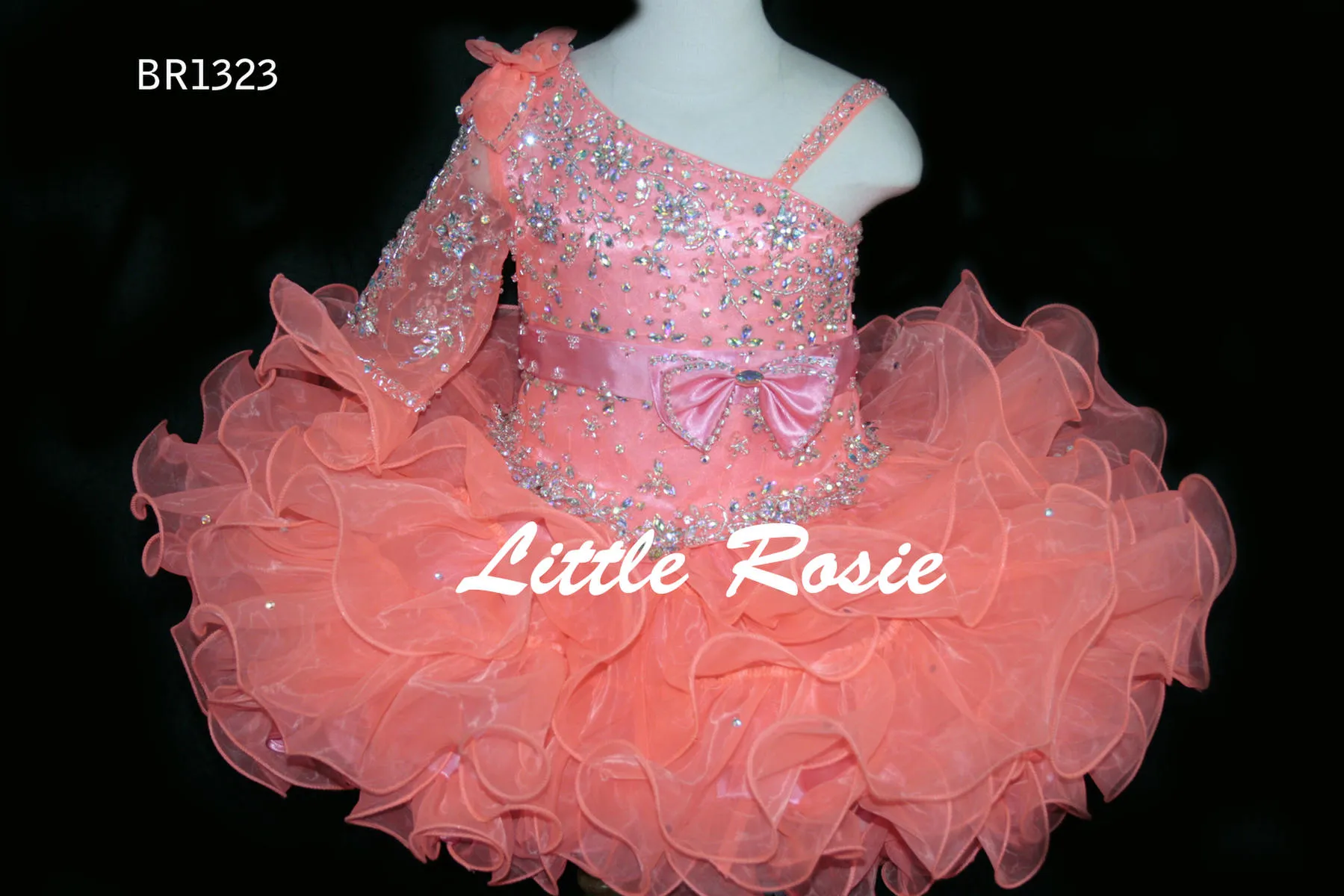 Bling Bling Little Rosie Baby Girls Pageant Dresses 2019 BR1323 Ruffles Skirt Coral Cupcake Glitz Toddler Pageant Gowns with One Long Sleeve