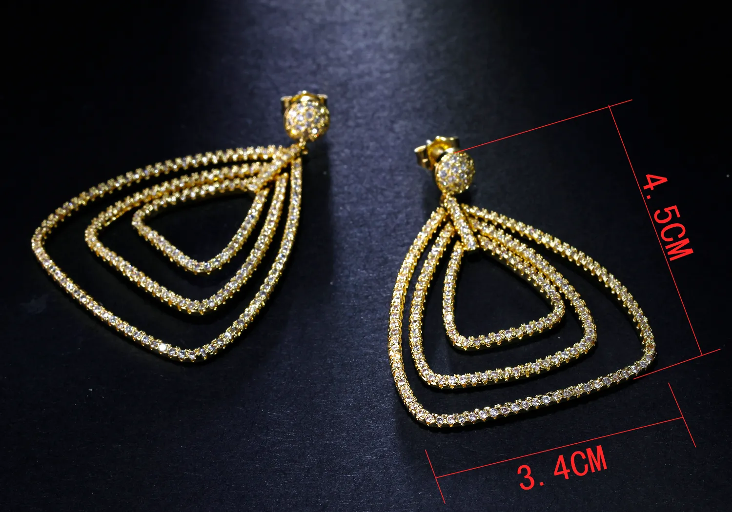Remarkably! Gold plate With All White Small Cubic Zirconia,Triangle Shape Dangling Earrings