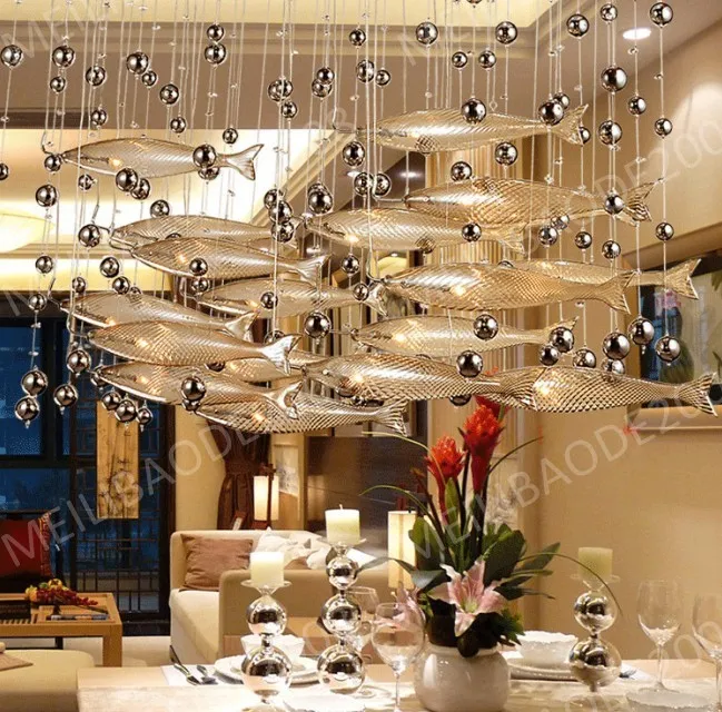 BE33 Modern LED Glass Cognac Color Flying Fish Chandeliers Dining-room Bar Pendant Lights Crystal Ceiling Lamps For Living Room Hotel Lobby