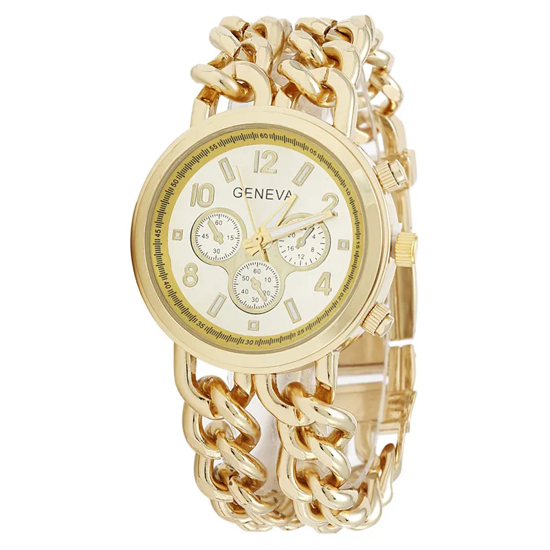 ジュネーブブレスレット時計女性ステンレス鋼腕時計ダブルストラップクォーツ時計カラー