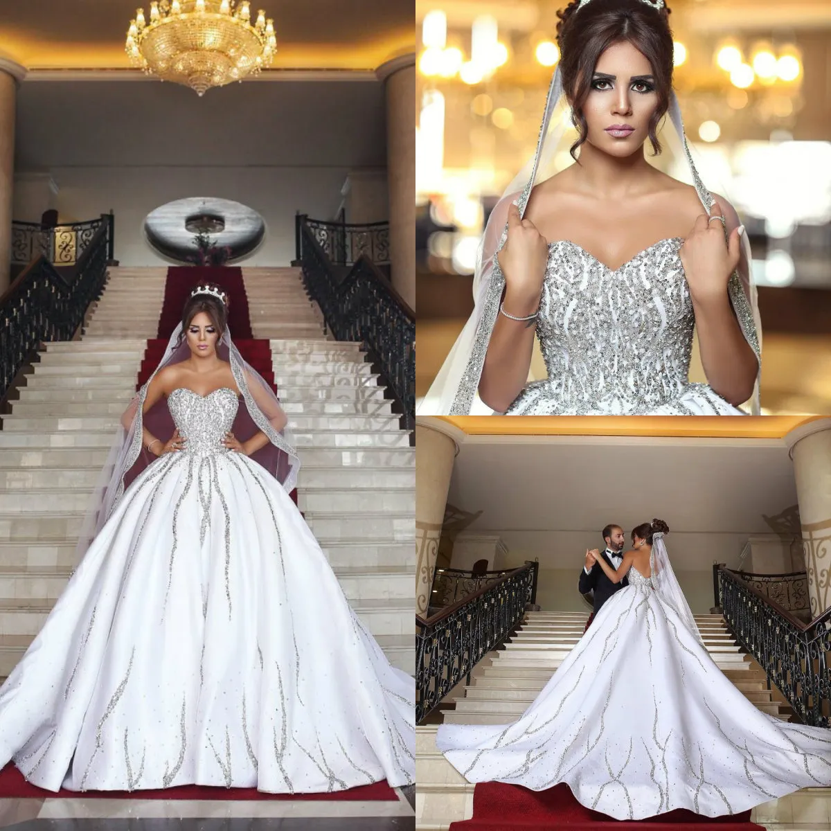 Luxury Bling Dubai Arabic Plus Size Wedding Dresses Beads Sequins Sweetheart Backless Sweep Train Country Wedding Dress With Matching Veils