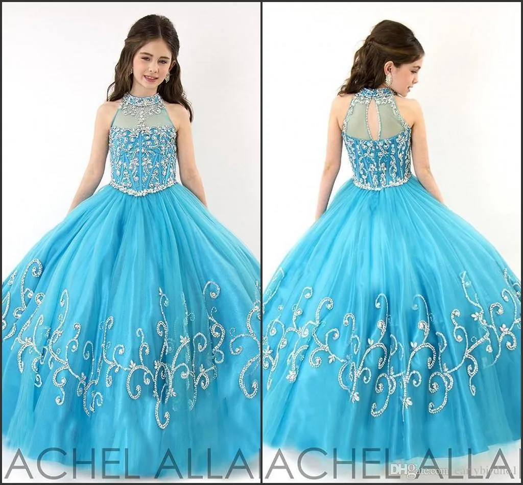 Rachel Allan Perfect Angles Girls Pageant Dresses 2016 Turquoise Halter Neck with Rhinestones Corset Ruffles Tulle Kids Prom Dress