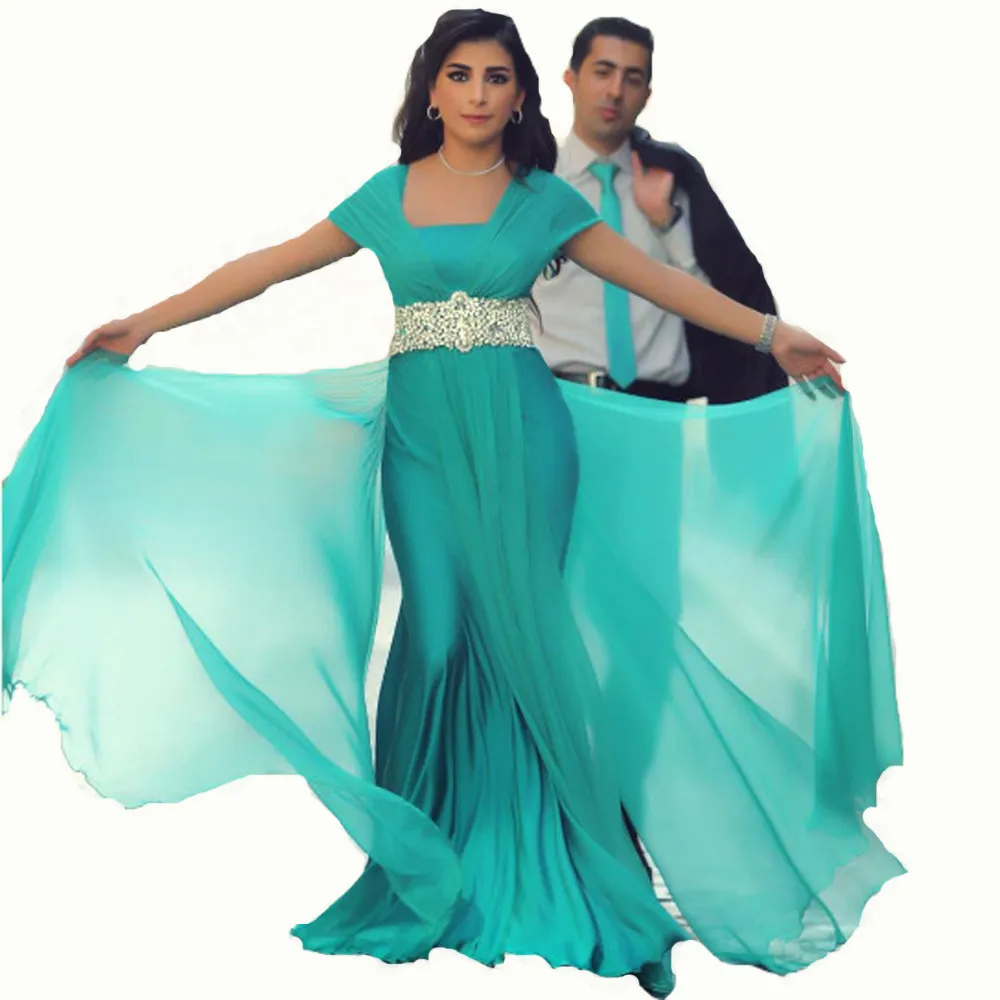 Turquoise Mousseline De Soie Arabe Robes De Bal Capuche Manches Robe De Soirée Sash dubai caftan Arabe Femmes Formelle Robes De Soirée Marocain Caftan