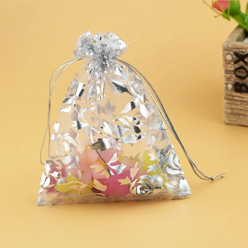 Sacchetti di organza disegnabili Stampa con coulisse Sacchetti di rose dorate Imballaggio di gioielli Sacchetti di nozze Sacchetti di caramelle regali di bomboniere feste 9x12 cm