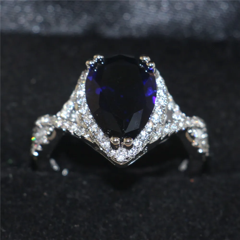 Böhmischer zarter birnenförmiger tiefblauer CZ-Simulationsdiamant-Ring-Finger-Ring, modisch, 10 KT Weißgold gefüllt, Hochzeits-Brautschmuck für Frauen