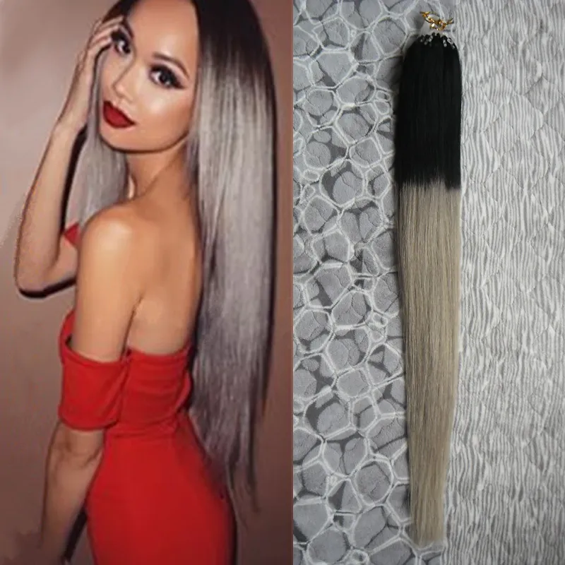 Argent ombre Micro boucles extensions de cheveux humains Droite T1b/gris deux tons rey ombre cheveux humains 1 pcs/lot 100g micro boucles extensions de cheveux