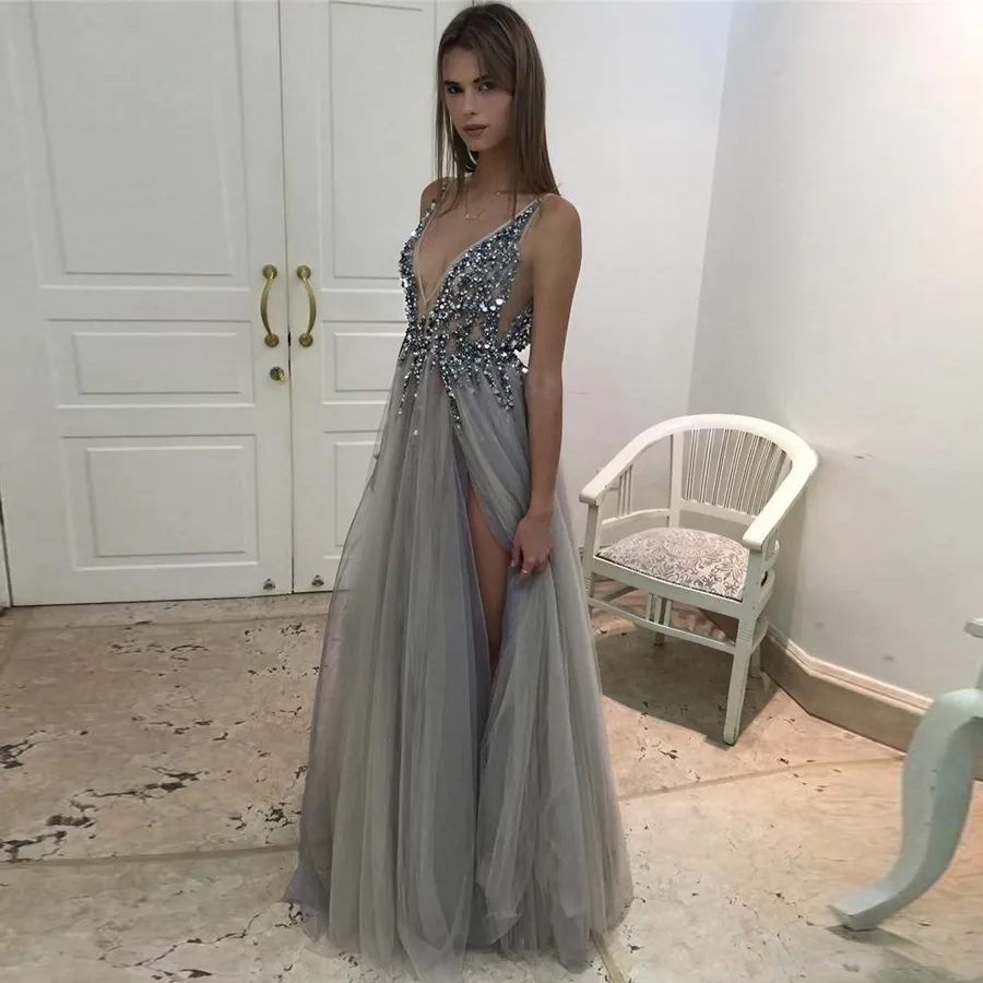 2020 Hot Split Evening Dresses Plunging Neckline Crystal Prom Gowns Custom Made Tulle Evening Party Dress Real Pictures