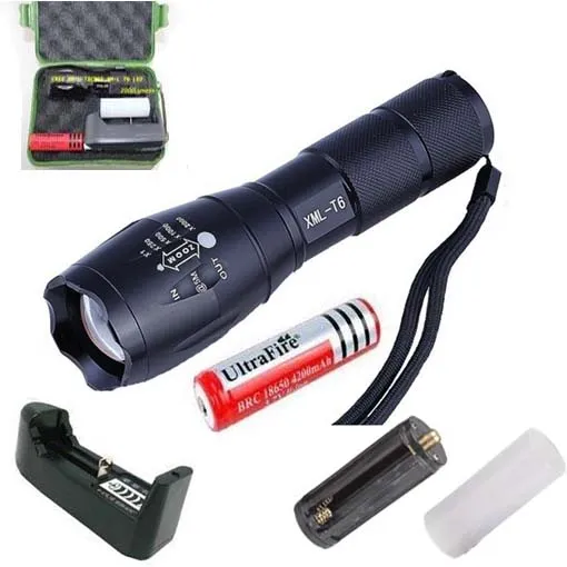 G700 E17 CREE XML T6 고출력 LED 토치 Zoomable 전술 LED 손전등 토치 라이트 +1 18650 배터리 + 충전기 + 그린 박스