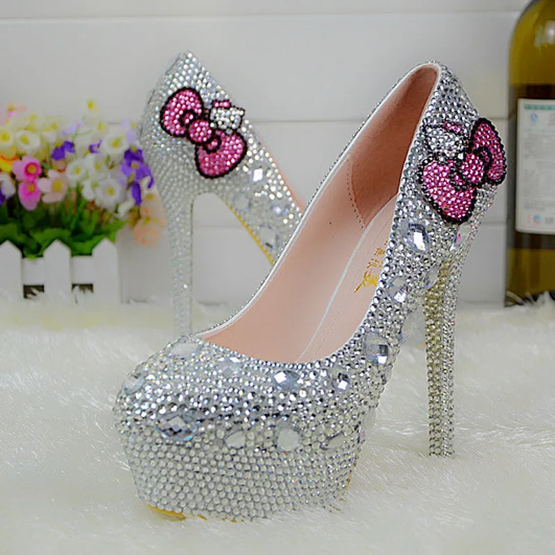 Kitty Silver Rhinestone Bridal Wedding Shoes Graudation Party Prom High Heel Shoes Formal Dress Pumps Plus Size