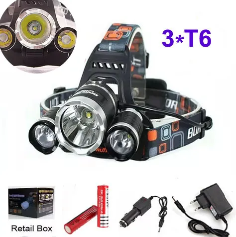3T6 Headlamp 6000 Lumens 3 x Cree XM-L T6 Head Lamp High Power LED Headlamp Head Torch Lamp Flashlight Head +charger+battery+car charger