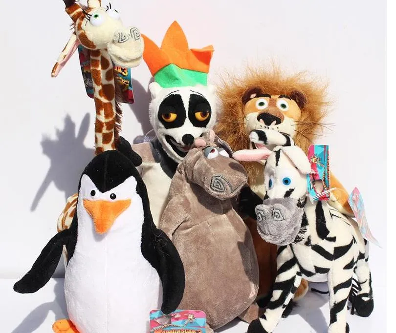 2017 Madagascar Alex Marty brinquedos leão zebra do macaco do girafa Melman Gloria pelúcia pinguim hipopótamo brinquedos macios 25cm 6pcs / lot