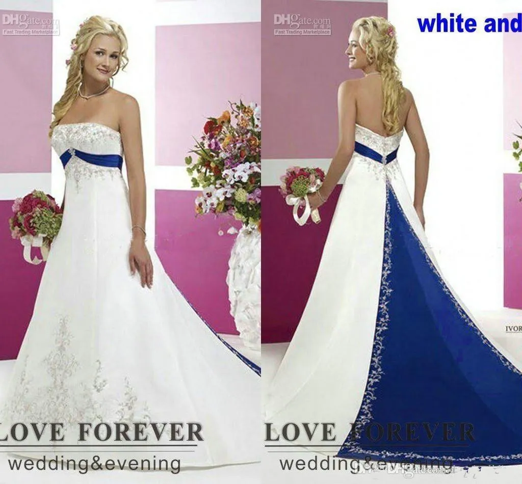 2020 Novo Bordado de Prata em Cetim Branco e Royal Blue Floor Comprimento Vestidos De Noiva Feito Personalizado Estilo Vintage Plus Size Wedding Vestidos 025