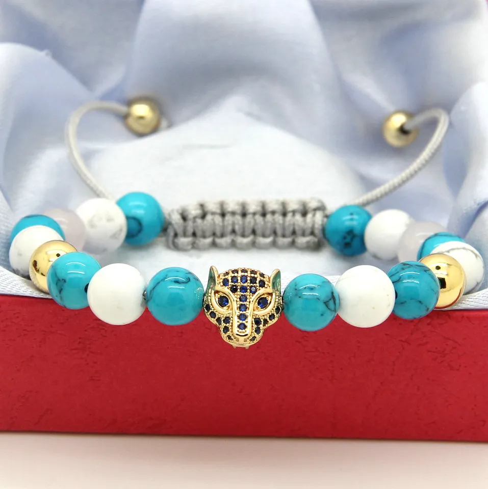 Atacado 10 pçs / lote 8mm Turquesa Howlite Azul De Pedra Cz Cabeça Leopardo Trançado Estilo Europeu Americano Tecida Pulseiras para Mulheres