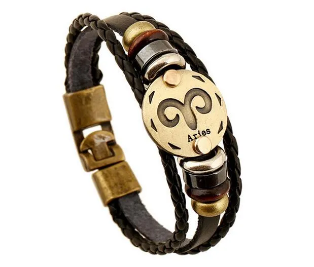 Boucles en alliage de bronze de mode 12 signes du zodiaque Bracelet bracelet en cuir punk perle en bois + calcul biliaire noir pour hommes bijoux de charme HJIA957
