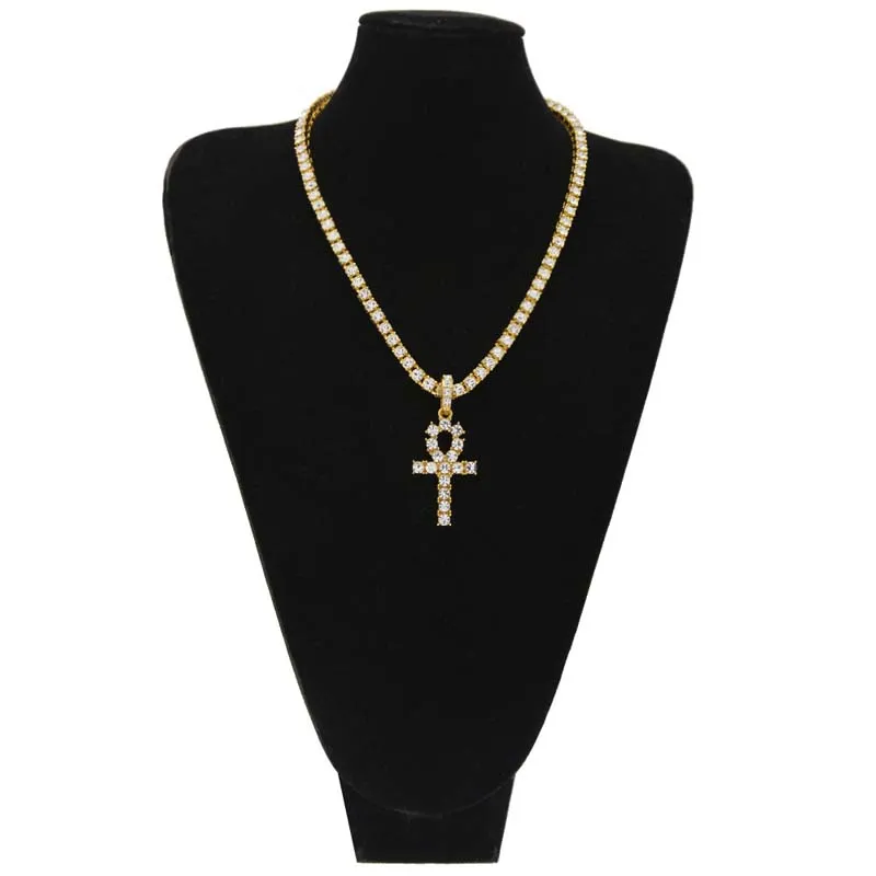 Mens Bling Iced Out Egyptian Ankh Sleutel Hanger Ketting Vergulde Hip Hop Zwart Crystal Cubaanse Link Ketting Mannen Sieraden Kettingen Hangers