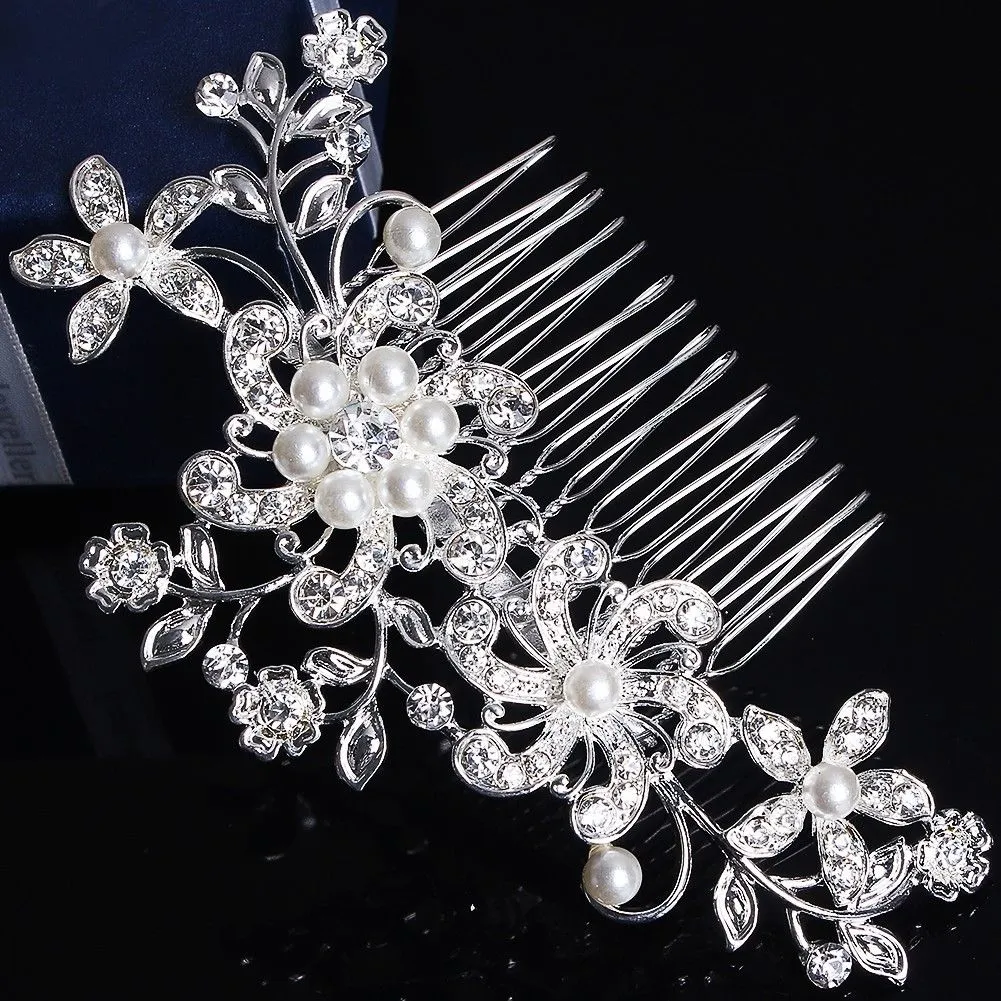 Mode Bruids Bruiloft Tiara Prachtige Strass Fijne Kam Bruidssieraden Accessoires Kristal Parel Haar Borstel 274j