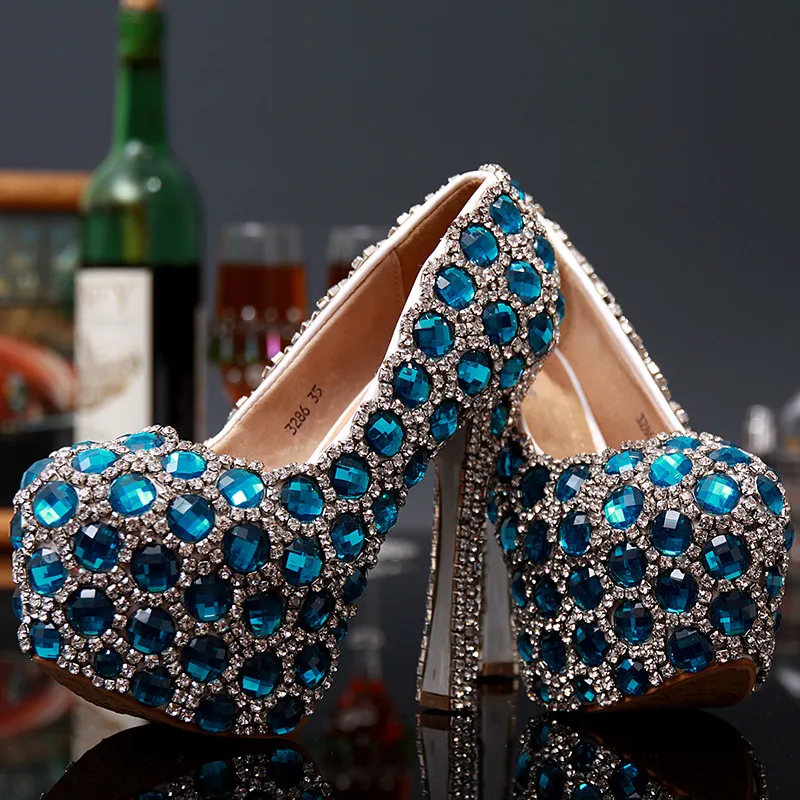 2016 mooie blauwe homecoming schoenen voor meisjes hoge hakken 14cm 12cm 10 cm bling bling kristallen trouwschoenen voor bruiden bruids feest schoenen