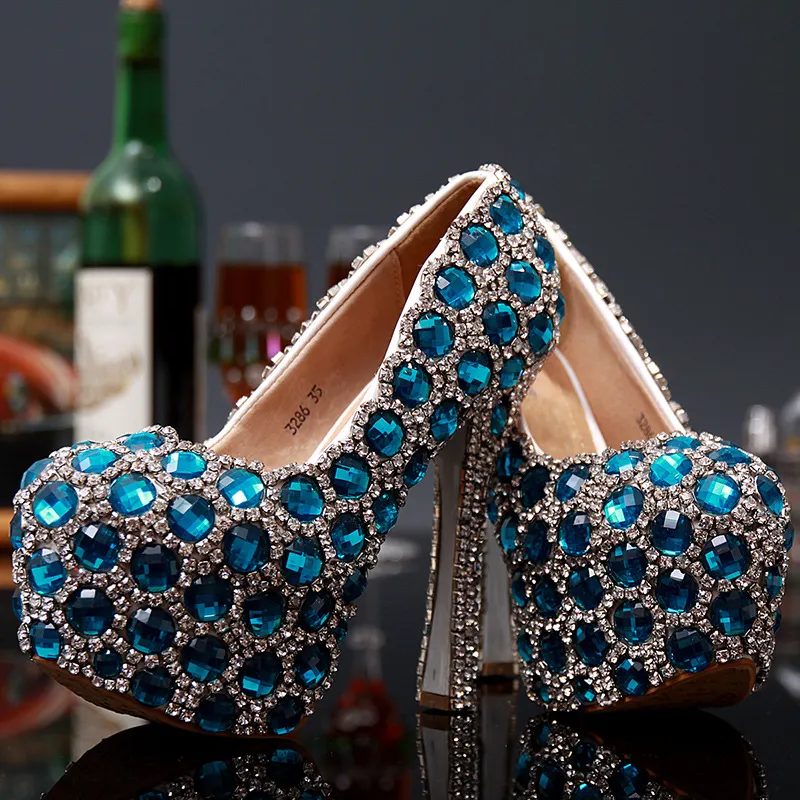 2016 Beautiful Blue Homecoming Shoes for Girls High Heels 14cm 12cm 10cm Bling Bling Crystals Wedding Shoes for Brides Bridal Party Shoes