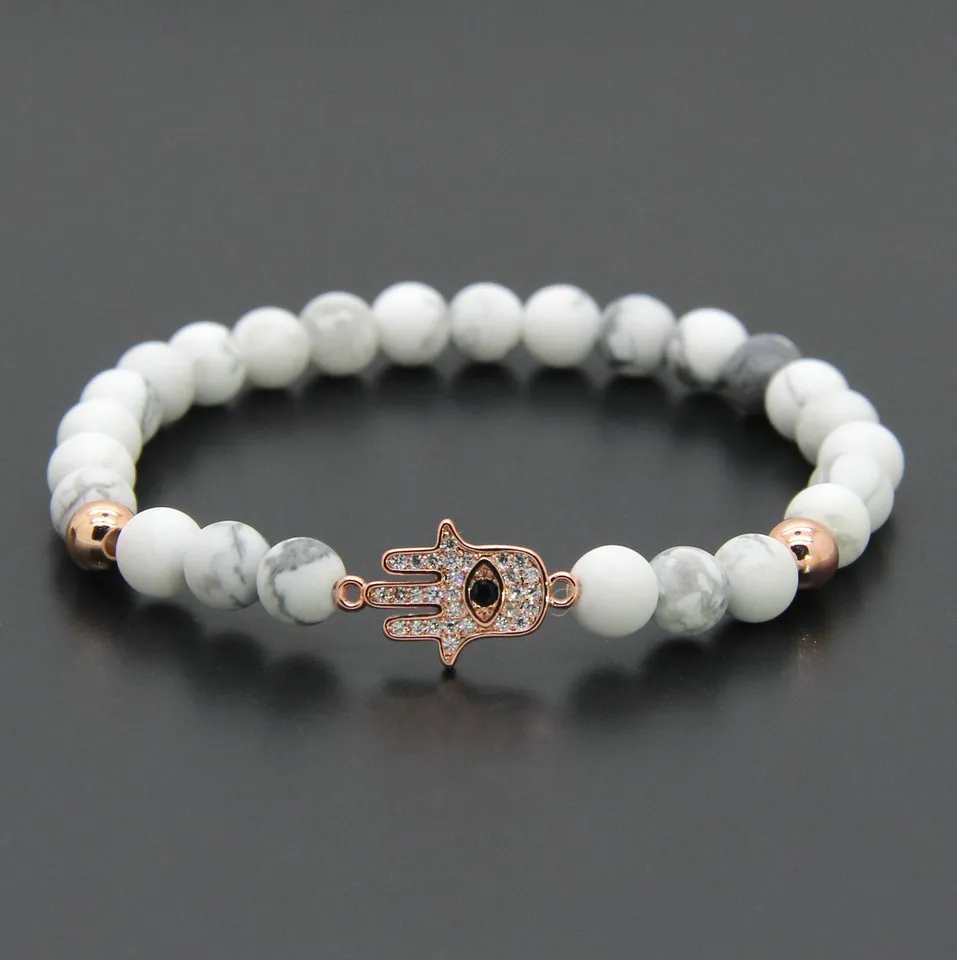 Commercio all'ingrosso 6 mm naturale bianco howlite pietra di marmo perline micro pavimenta zirconi Fatima mano Hamsa braccialetti con ciondoli regalo ragazza