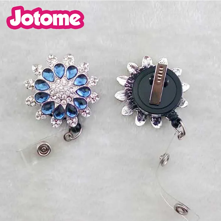 Porte-clés personnalisés, bijoux en cristal strass, grand bouton de fleur bleue, bobine de Badge rétractable, support d'identification pour cadeau