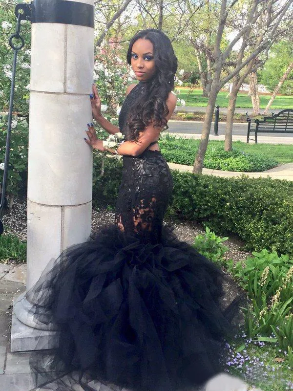 Sexy 2016 Black Girls Puffy Prom Dresses Mermaid Modest Halter Backless Tulle And Lace Sequin Long Party Formal Gowns Custom Made EN7071