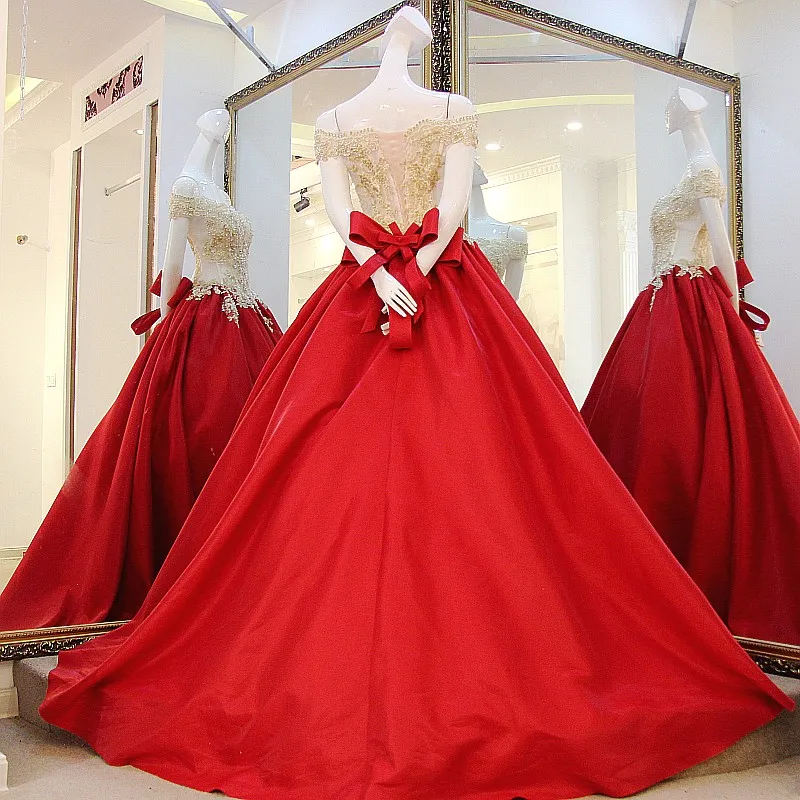 Alta Qualidade de Ouro E Vermelho Vestidos de Baile 2017 Fora Do Ombro Rendas Applique Frisada Vestidos de Noite de Cetim Vestido De Baile Formal Vestidos de Festa