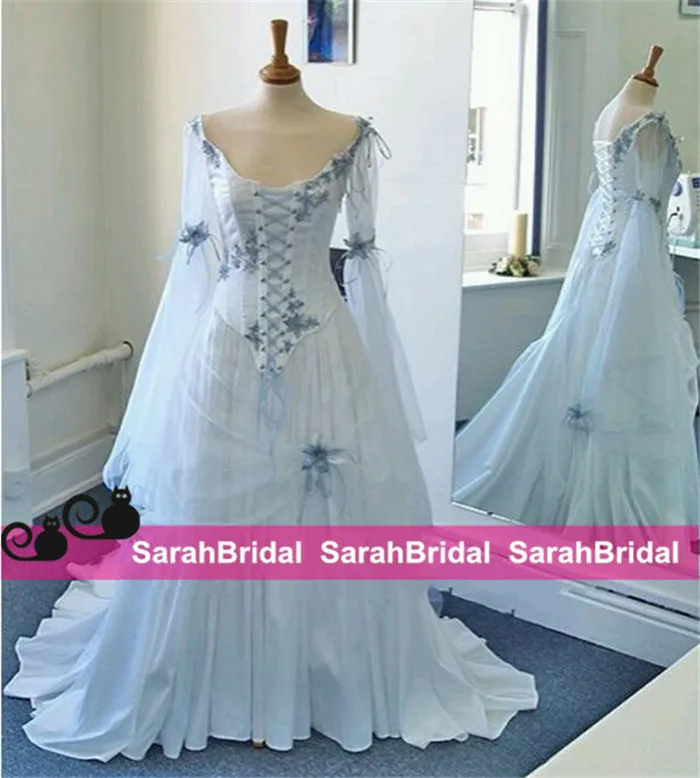 2022 Vintage Celtic Wedding Dress elfenben och blekblå färgglad medeltida brudklänningar Scoop Corset Long Sleeves Applices Custom MA245H