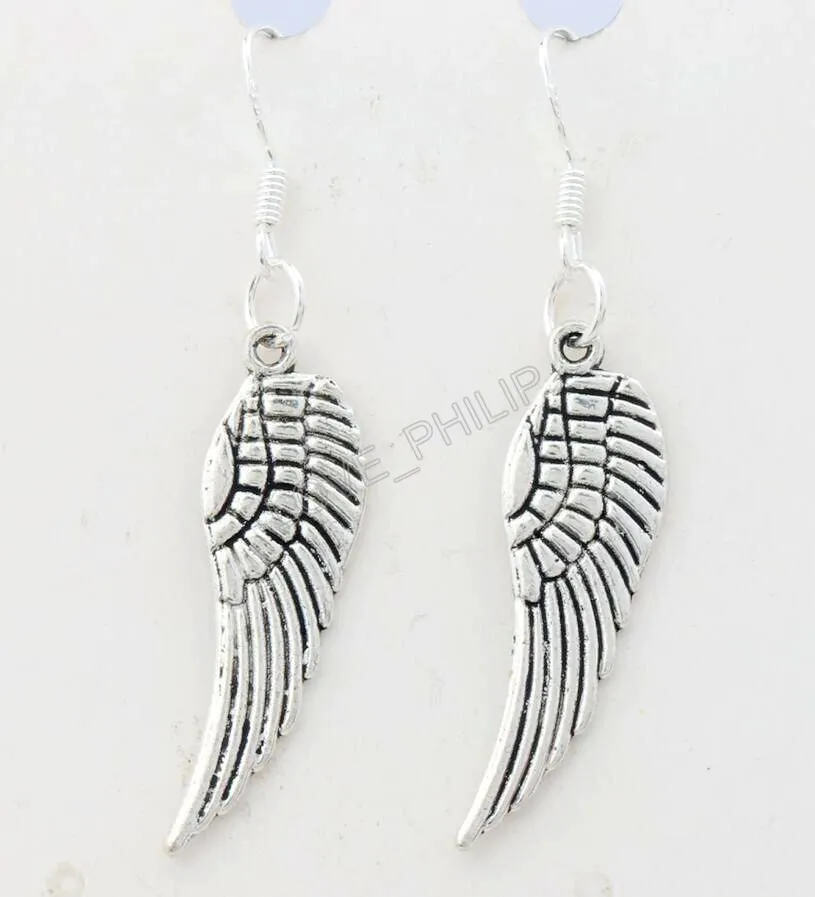 Angel Wing Dangle Chandelier Earrings 925 Silver Fish Ear Hook E084 46.5x9.2mm