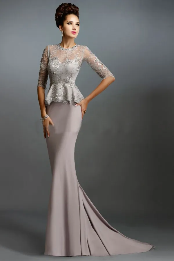 Mermaid Formal Dress With Sleeves With Peplum Illusion Sleeves And Lace ...